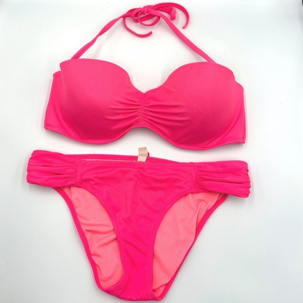Victorias Secret Neon Pink Bandeau Bikini Set 36D Top S Bottom Ruched Barbiecore